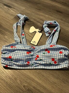 Blue Retro stage Cherry Tie-Strap Swim Top